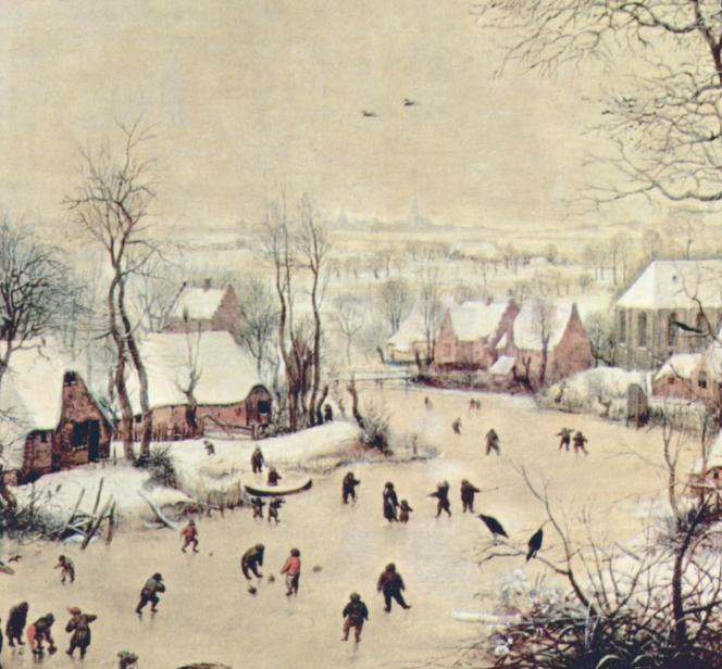 《有滑冰者和捕鸟器的冬景》 （局部），1565，荷兰，老彼得· 勃鲁盖尔，油画，现藏比利时皇家美术博物馆。画中可见人们在玩冰上溜石的游戏，这幅画也是老勃鲁盖尔作品中被复制得最多的一幅