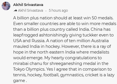印媒奥运报道评论区，印度网友开始比较印中奖牌数：1:11